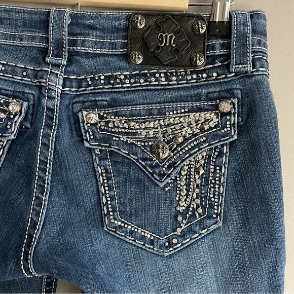 Miss Me Low Rise Easy Bootcut Blue Jeans with Jewels and Studs, size 26 tall - Picture 7 of 11